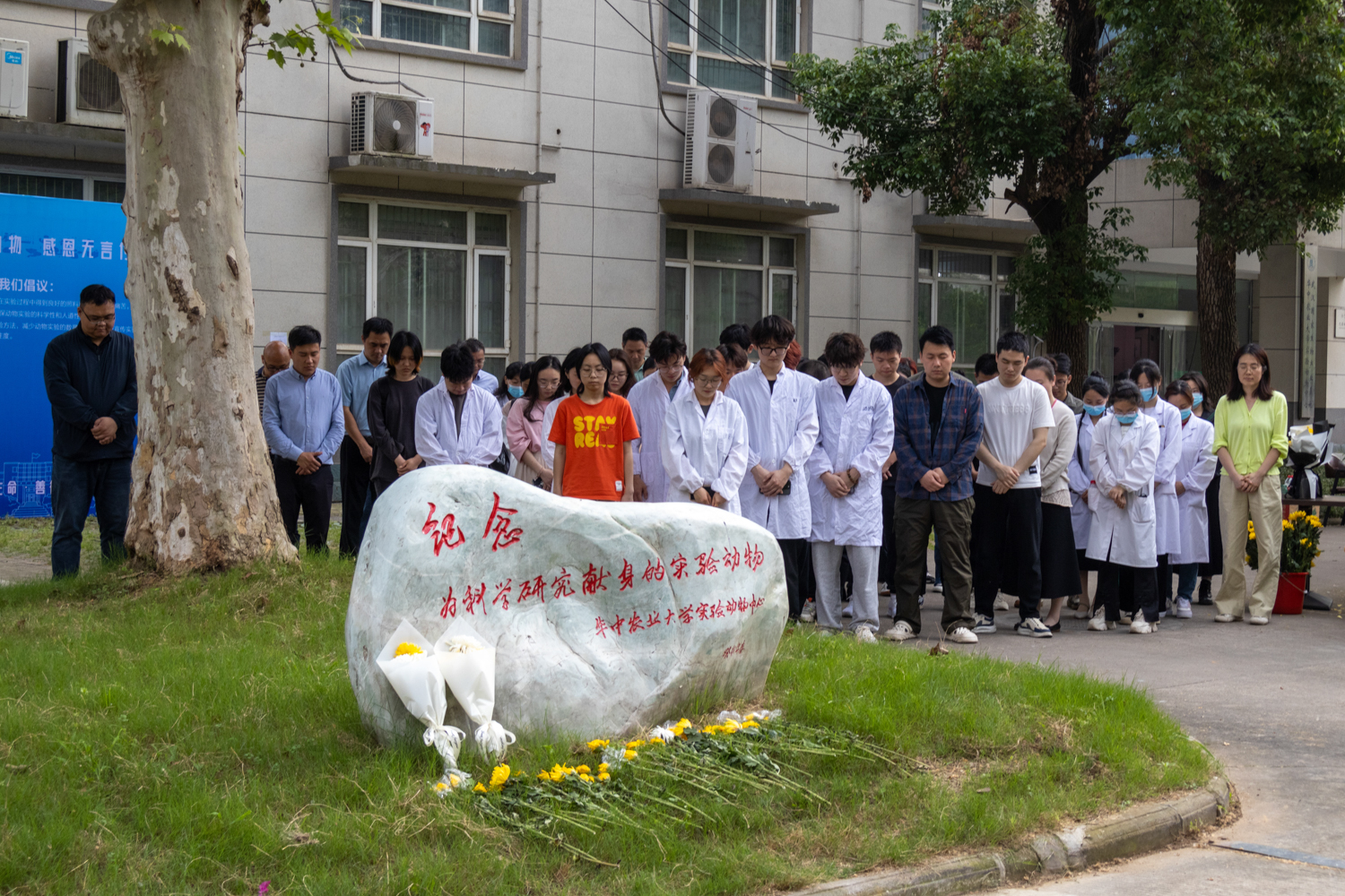 全体人员默哀缅怀献身的动物们（学通社记者 车媛媛 摄）